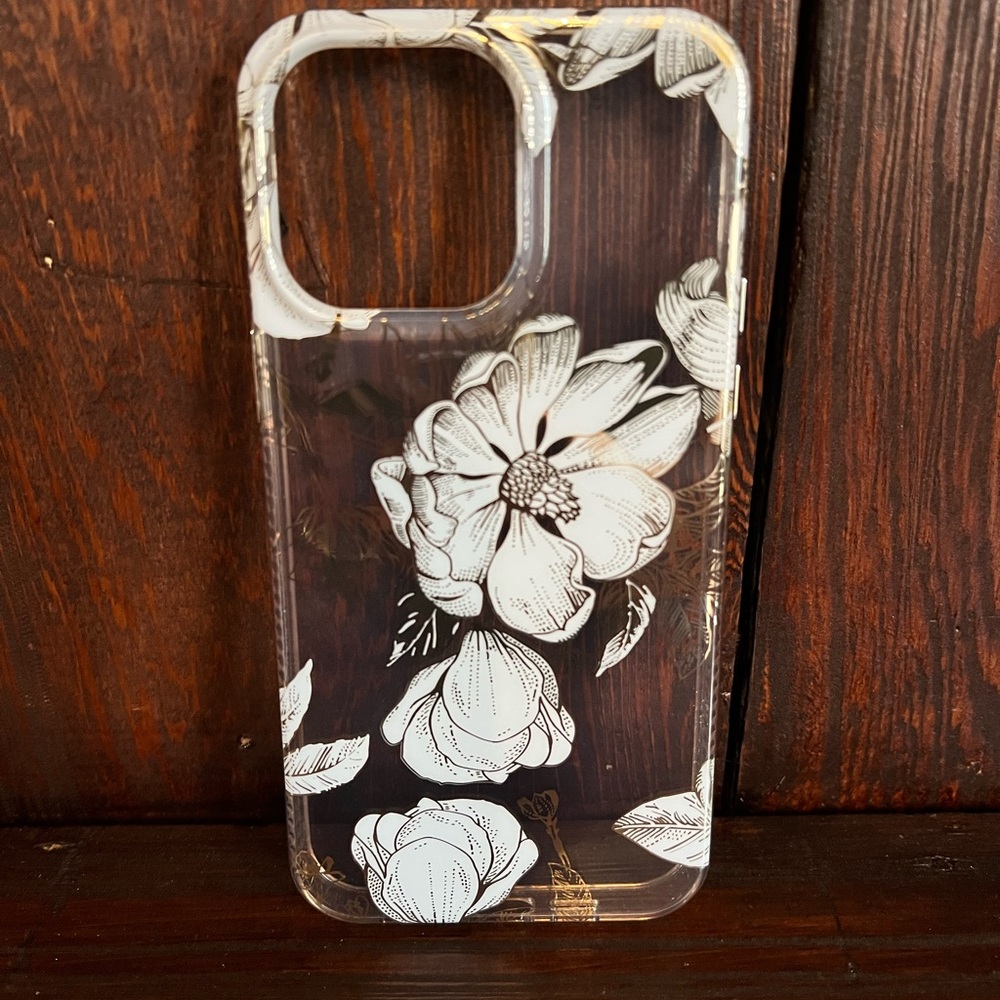 iPhone 14 Pro Max Floral Gold and White Clear Phone Case